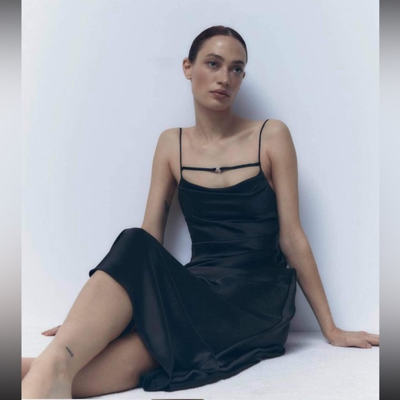 NWT! ZARA BEADED SATIN EFFECT DRESS BLACK - Picture 1 of 7